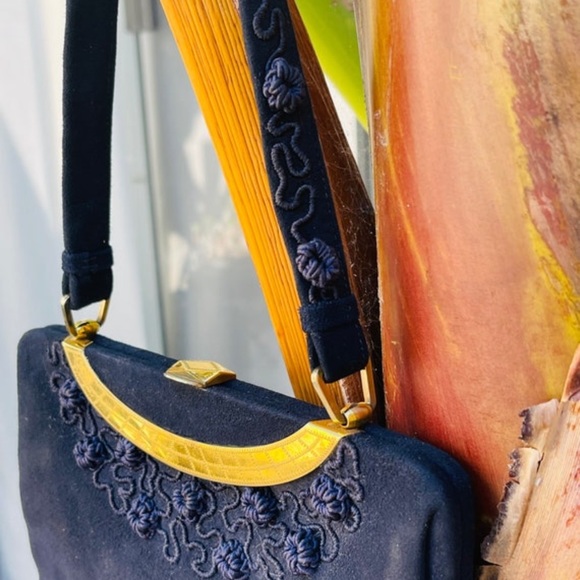 Loewe Navy Suede Handbag Vintage 1960s Purse Evening Bag - Picture 5 of 10